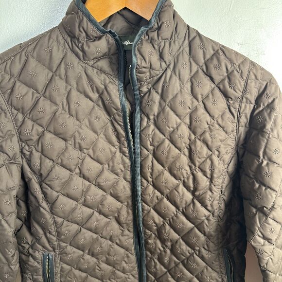 Eddie Bauer Quilted Full Zip Goose Down Embroidered Jacket Coat Sz Small Brown - Picture 2 of 13